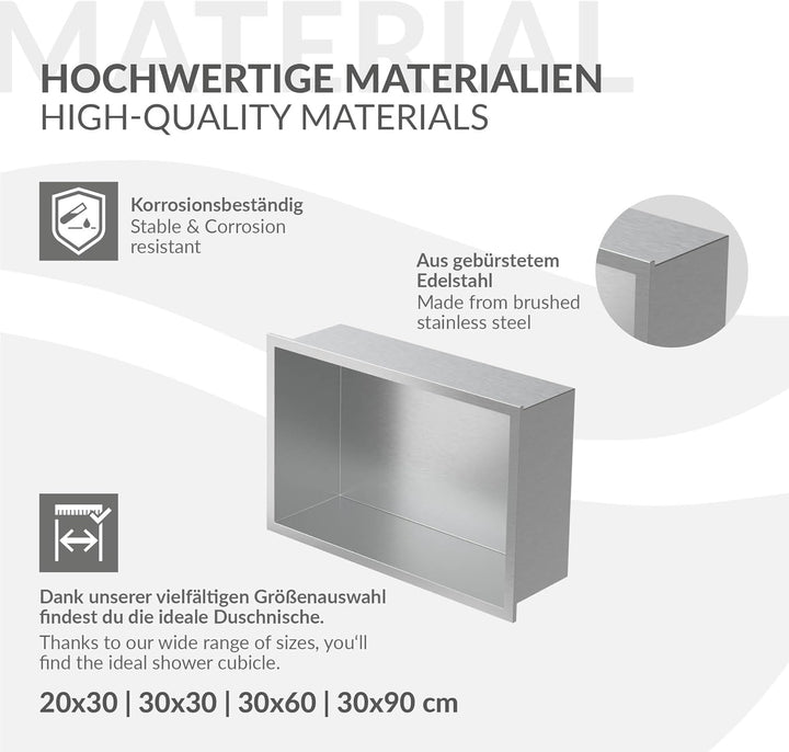 LuxeBath Wandnische aus Edelstahl, 20x30x10 cm, Silber, Duschnische mit Rahmen, Einbauregal, Flexibl