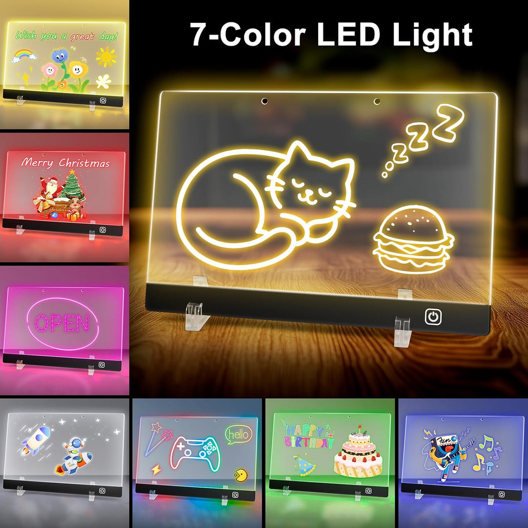 Wiederaufladbar LED Maltafel Kinder 30x20cm mit 7 Lichtfarben & 12 Stiften, Transparente Acryl LED Z