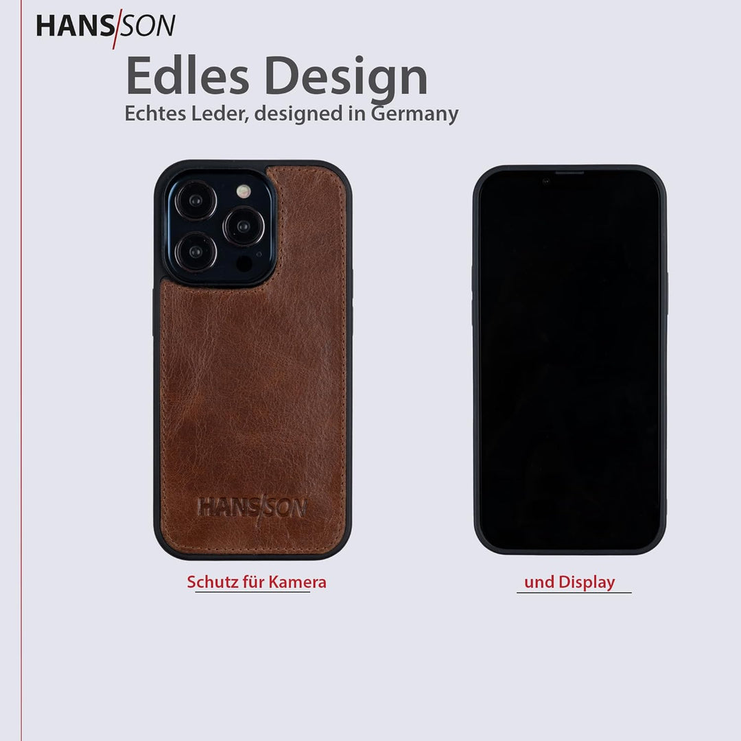 HANS/SON Echtleder Handyhülle in Cognac | iPhone 13 Pro Max Ledercase | Schutz vor Stürzen und Stöss