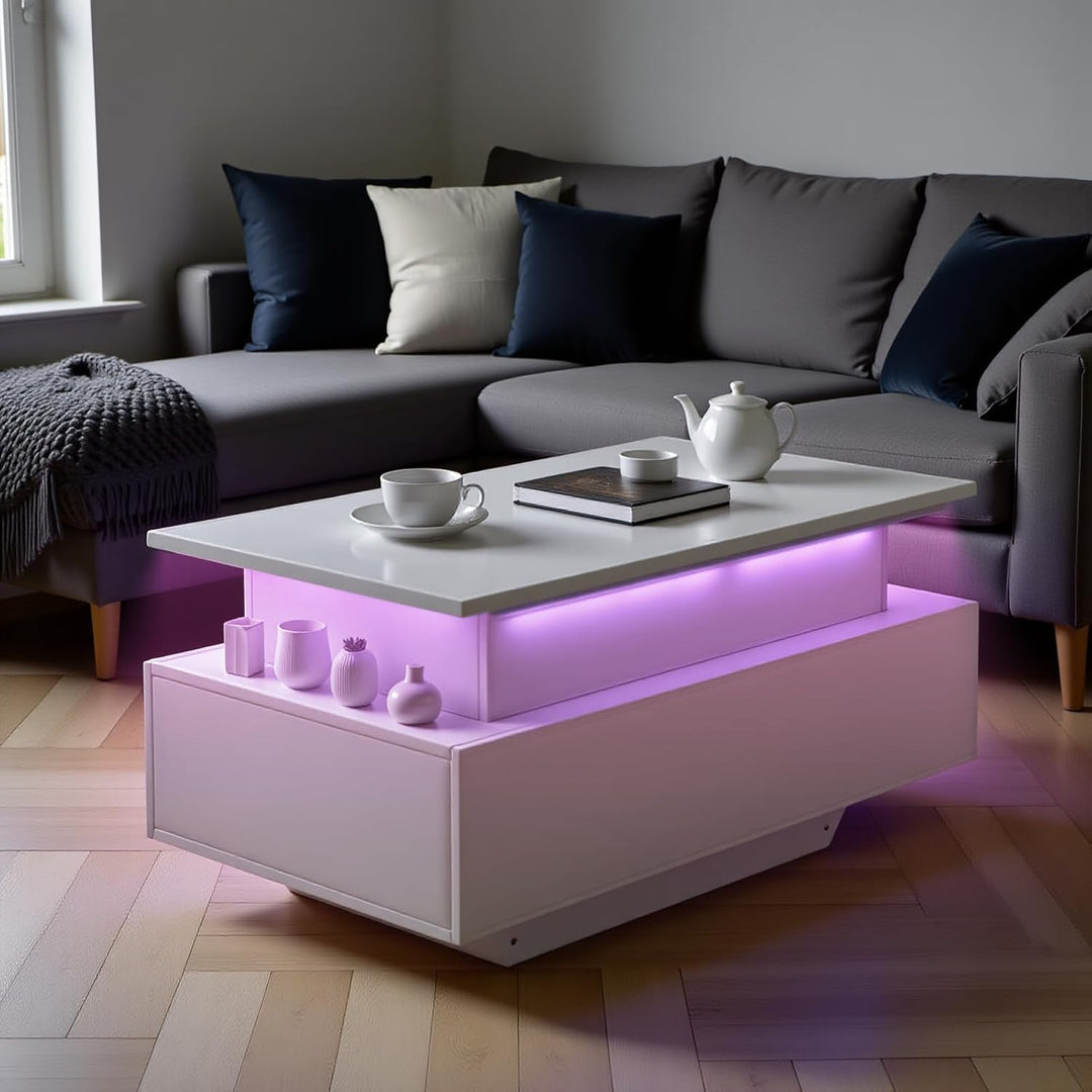 Höhenverstellbarer Couchtisch, Wohnzimmertisch Hochglanz mit LED-Beleuchtung, Offenem Ausstellungsre