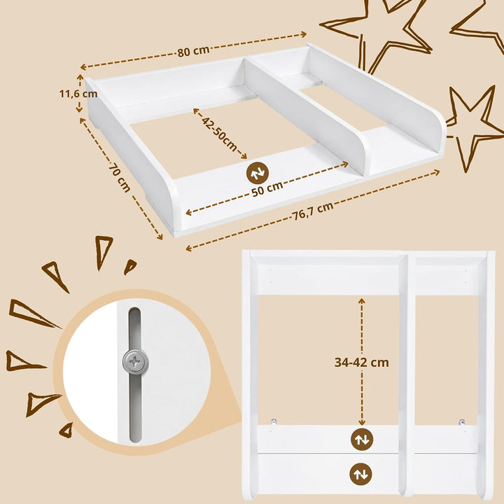 Wickeltischaufsatz für Kommode mit Trennfach, ausziehbar verstellbar 34–50 cm für verschiedene Kommo