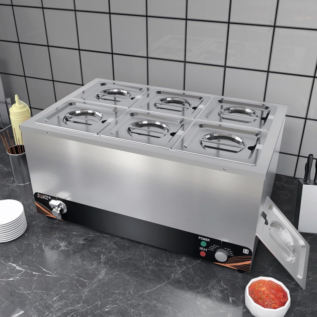 DULNICE Bain Marie Speisewärmer Elektrische Edelstahl 1500W 6 GN-Behältern Wasserbad mit Ablaufhahn,