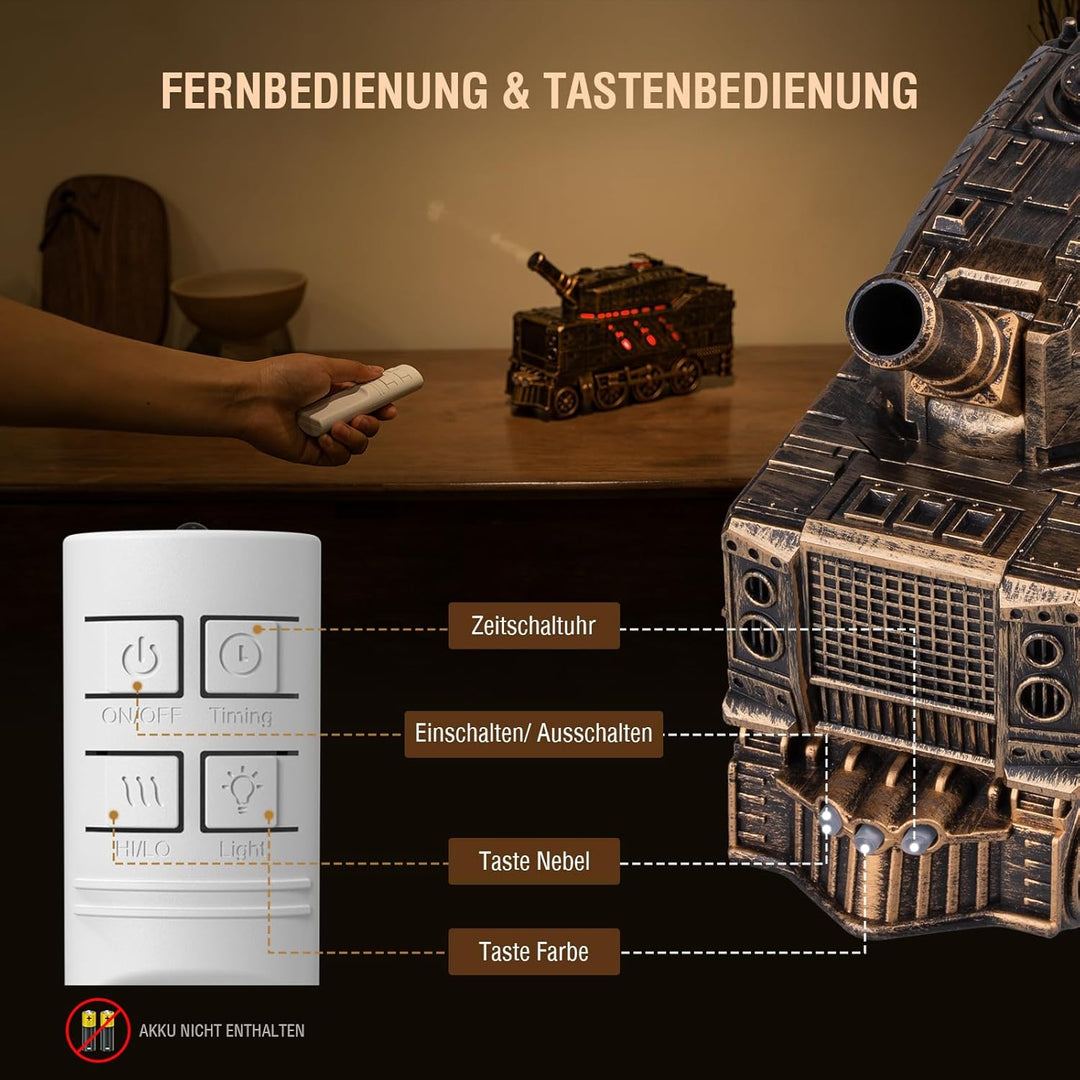 Aroma Diffusor für Ätherische Öle - Tank Diffuser mit Kanonen Styling, Farbigen LED Flammeneffekt, F