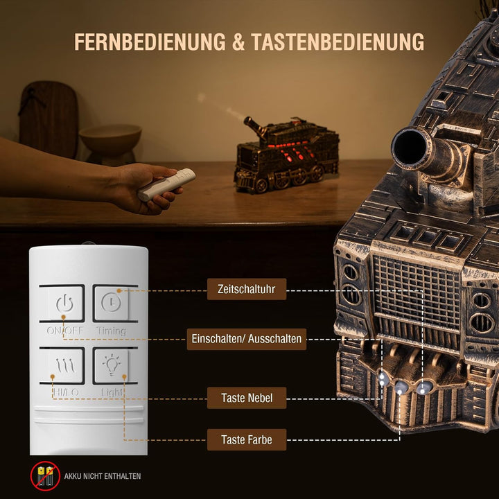 Aroma Diffusor für Ätherische Öle - Tank Diffuser mit Kanonen Styling, Farbigen LED Flammeneffekt, F
