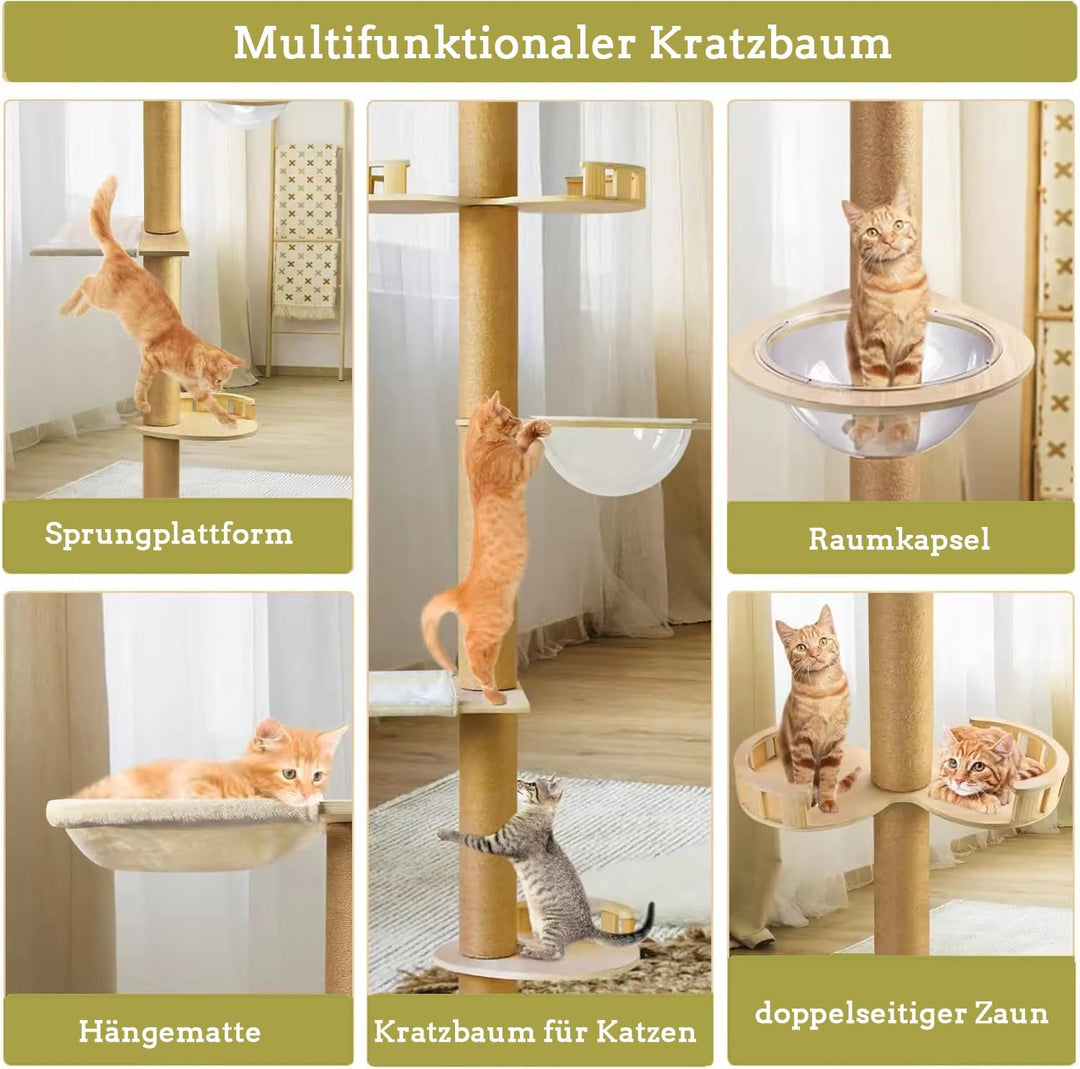Kratzbaum deckenspanner,Raumkapsel,Katzenhängematte, Vollständig mit Sisalseil umwickelt,Breite von