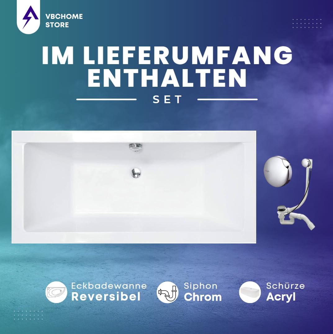 VBChome Badewanne 165x75 cm Acryl SET Wannenträger Siphon Wanne Rechteck Weiss Design Modern Styropo