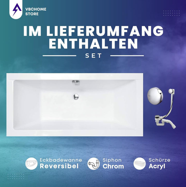 VBChome Badewanne 165x75 cm Acryl SET Wannenträger Siphon Wanne Rechteck Weiss Design Modern Styropo