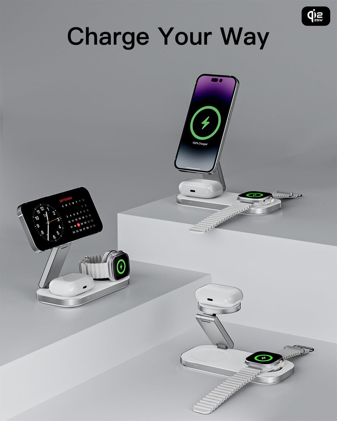 Qi2 25W 3-in-1 Kabellose Ladestation mit MagSafe, Faltbares Magnetische Ladegerät für iPhone 17e/17/