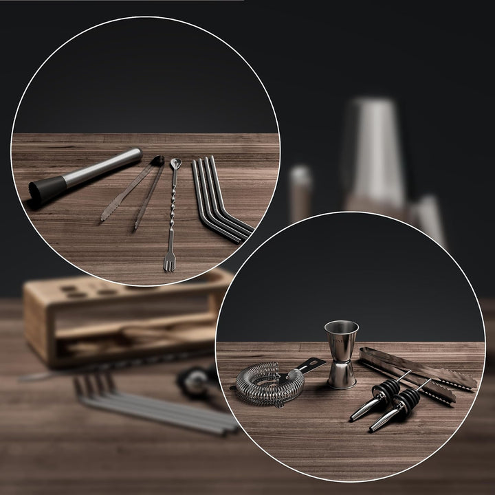 Cocktail Shaker Set Boston mit Ständer & Rezeptbuch: Premium Edelstahl Bar Cocktailset Cocktailshake
