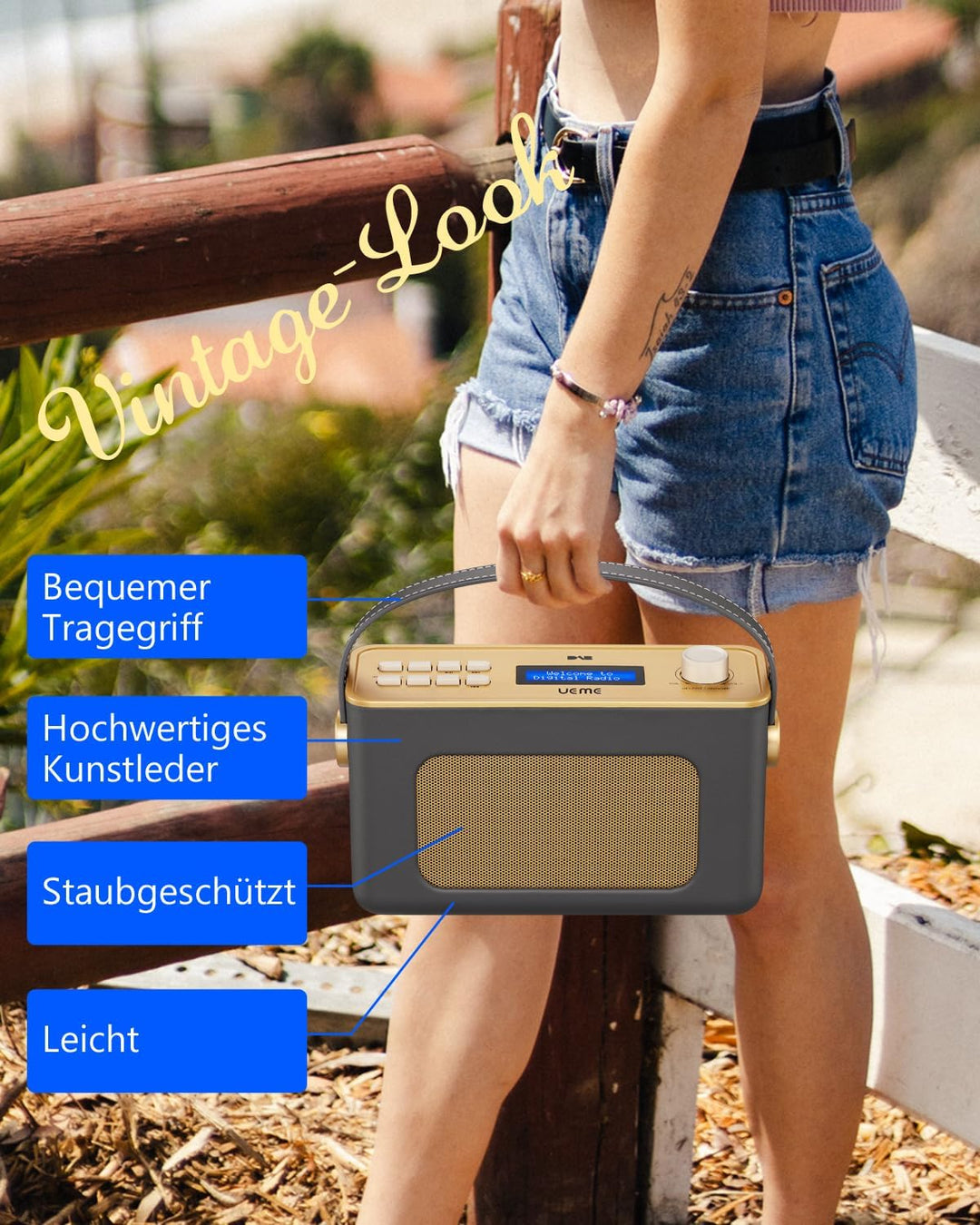 Tragbarer Retro Design DAB Plus/FM Radio, Bluetooth Lautsprecher DAB + Radio mit Wiederaufladbarer L