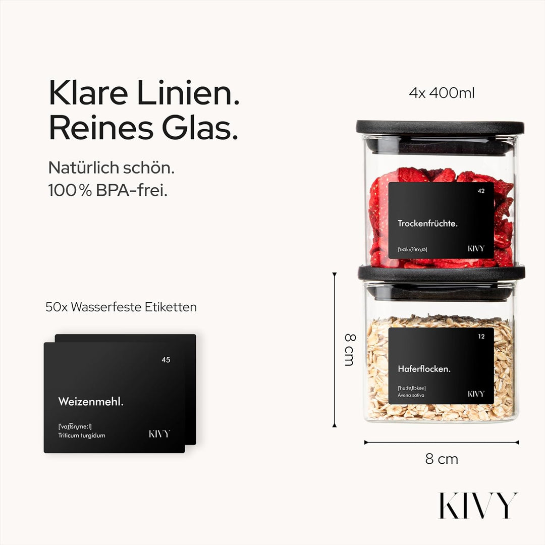 KIVY Vorratsgläser eckig [4x400ml] + Etiketten - Stapelbare & Luftdichte Aufbewahrungsgläser mit Dec