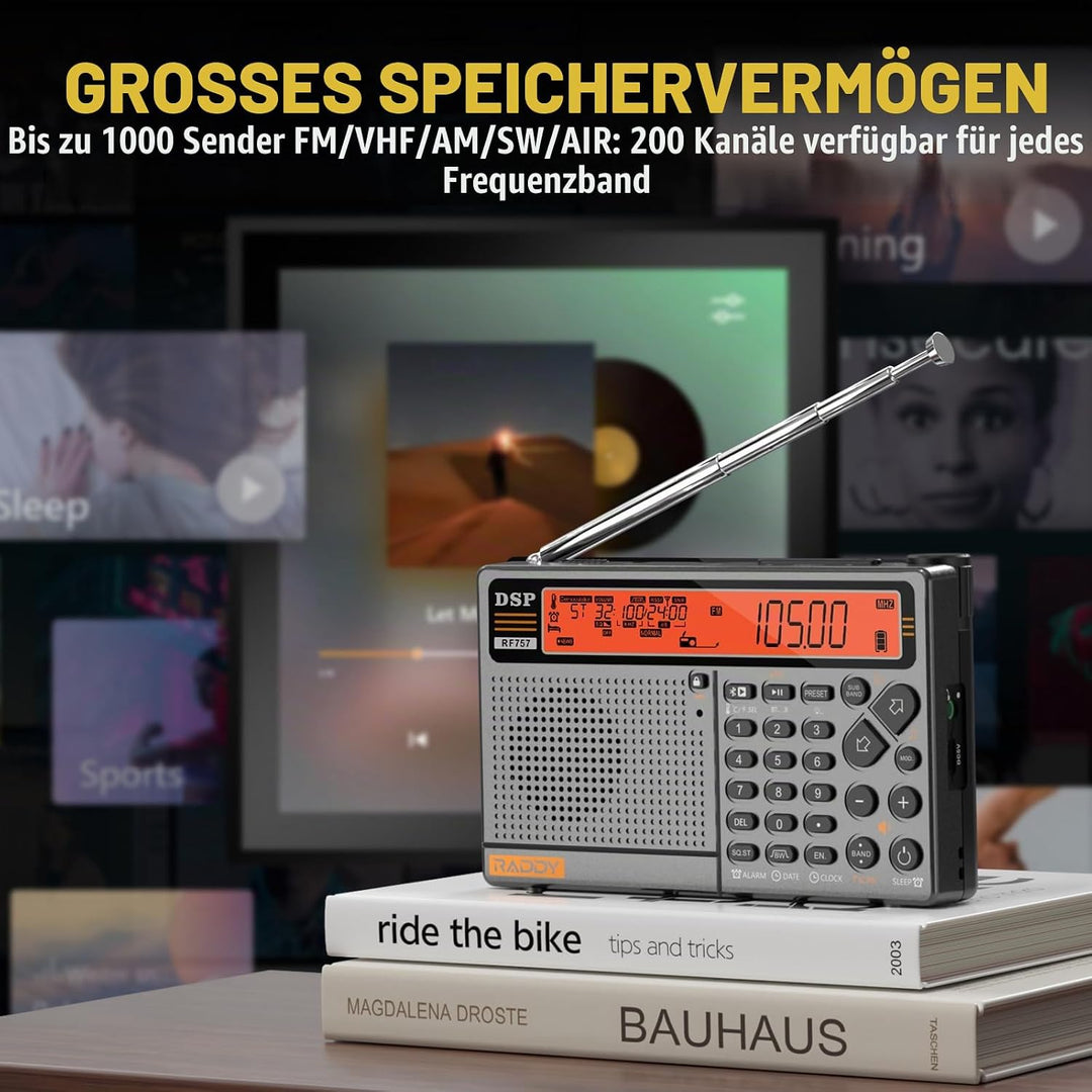 Raddy RF757 APP Control Kurzwellenradio, Tragbares Radio mit AM/FM/SW/VHF/UHF/CB/AIR Rezeption, 2500