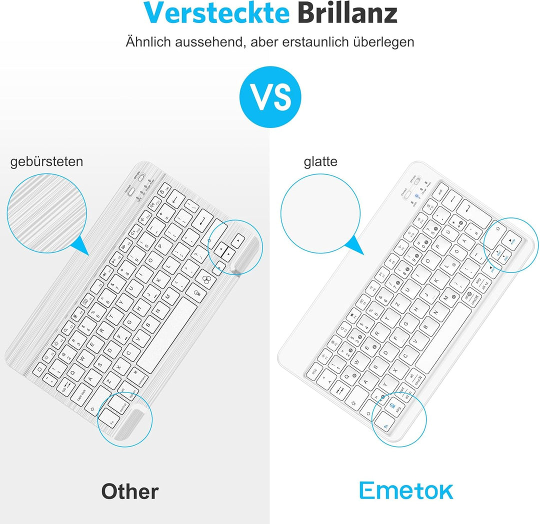 Emetok Deutsche Bluetooth Tastatur für iPad Air/Pro/Mini/10.9/10.2/9.7/iPhone/Android, Vergrösserte