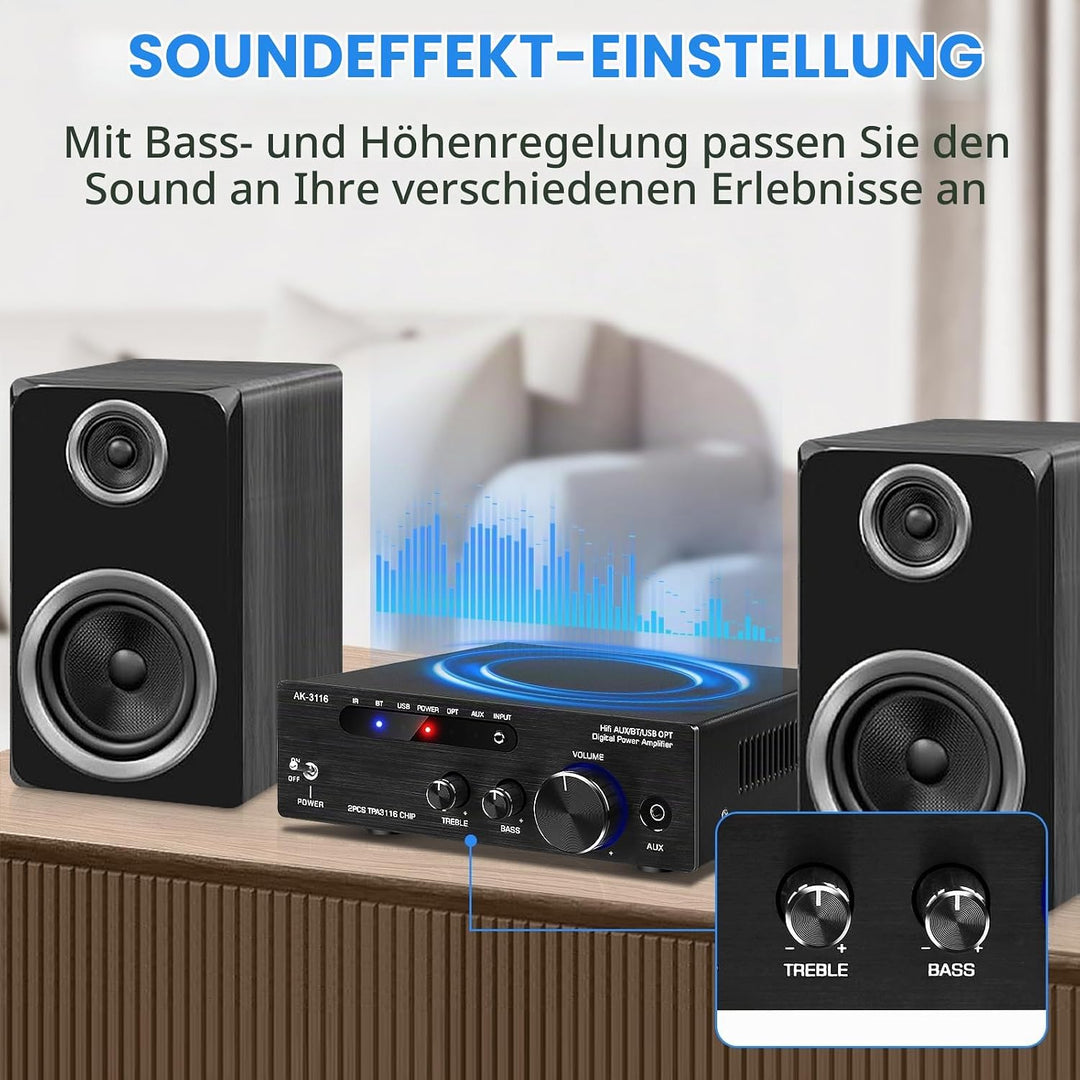 HiFi-Verstärker mit Bluetooth 5.3, AK-3116 Mini Stereo Audioverstärker 2.0-Kanal 100W x 2 Empfänger