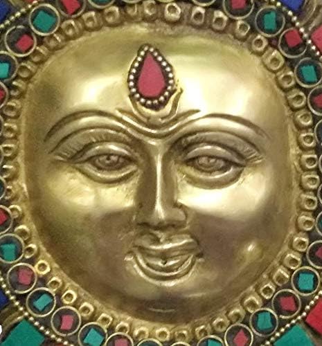 Purpledip Brass Idol Sun God Surya Dev: Wall Hanging with Colorful Gemstones (11447)