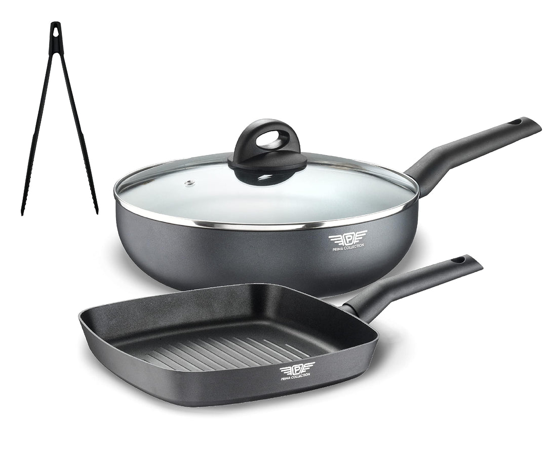 PINTINOX Prima Collection Black Set Wok und Grillpfanne und Smart Zange