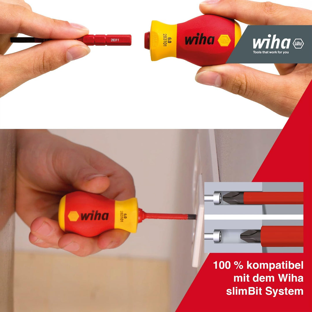 Wiha Schraubendreher mit Bithalter Set slimVario® electric Stubby I 4 teilig mit slimBits I Schlitz/
