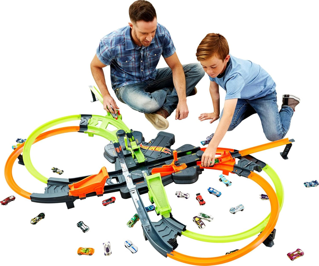 Hot Wheels GFH87 - Super Mega Crash Grosse Rennbahn mit 8er Looping Kurve XXL 1,5 m breites Spielset