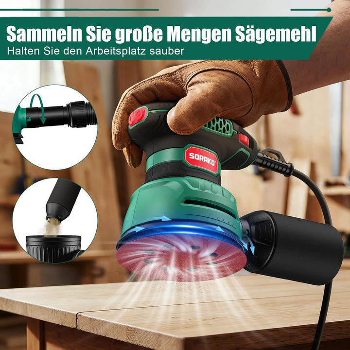 SORAKO Exzenterschleifer 350W 125MM,6 Geschwindigkeiten,16 Schleifpapiere, Staubsammlung Schnellbrem