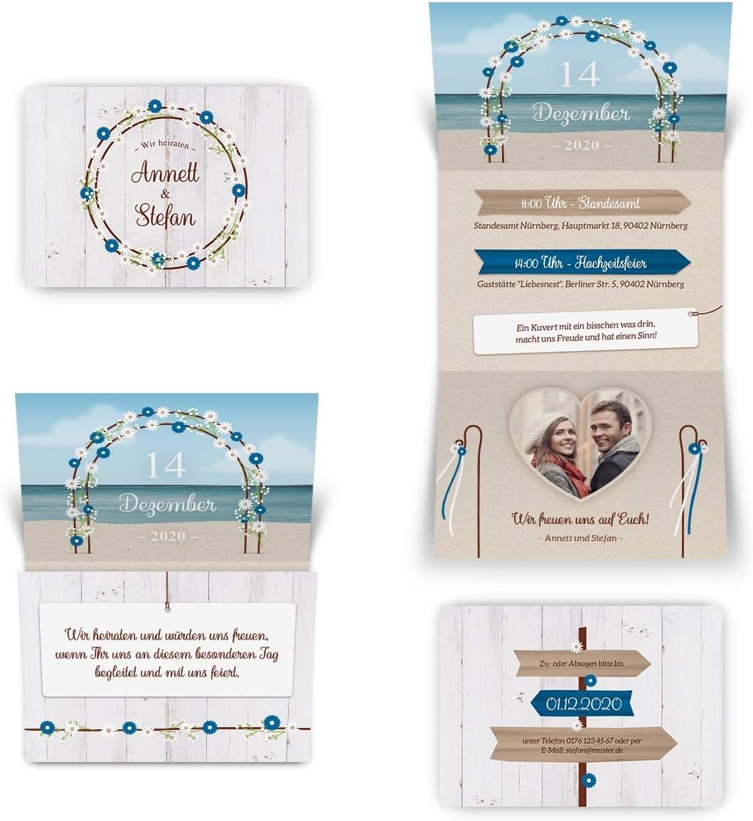 20 x Hochzeitseinladungen individuelle Hochzeit Einladungskarten DIN A6 Klappkarte mit Foto - Strand