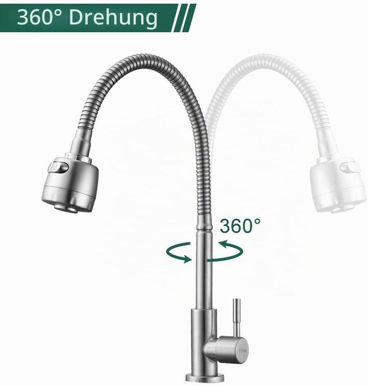 HOMELODY Wasserhahn Küche 360° Schwenkbar nur Kaltwasser 2 strahlarten Kaltarmatur aus Edelstahl Küc