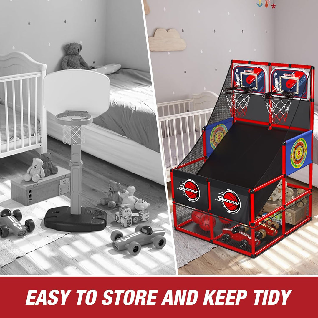 HYES 3 in 1 Dual Shot Basketball Arcade Spiel mit 2 Dart Boards/Elektronische Anzeigetafel/LED Licht