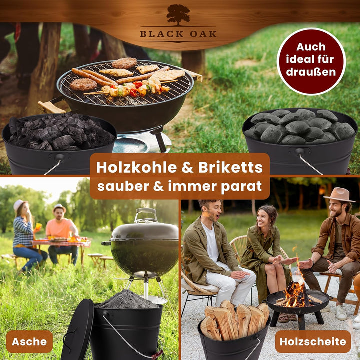BLACK OAK Ascheeimer Etna 14L – Set Schaufel & Besen schwarz rund mit Deckel gross 14 Liter Stahl fe