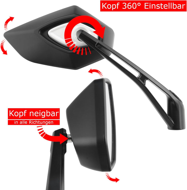 Area1 Universal Motorrad Rückspiegel Paar e-geprüft 2x M10 Rechtsgewinde + Linksgewindeadapter, komp