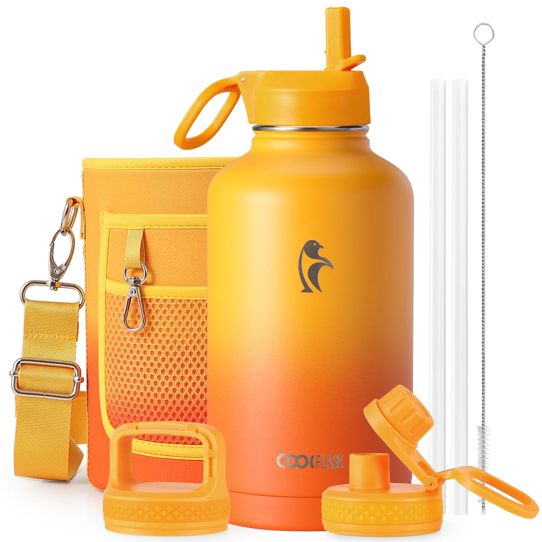 Coolflask Isolierte Wasserflasche mit Strohhalm und 3 Deckeln, 1,8 l Wasserkrug, grosser Metall-Edel