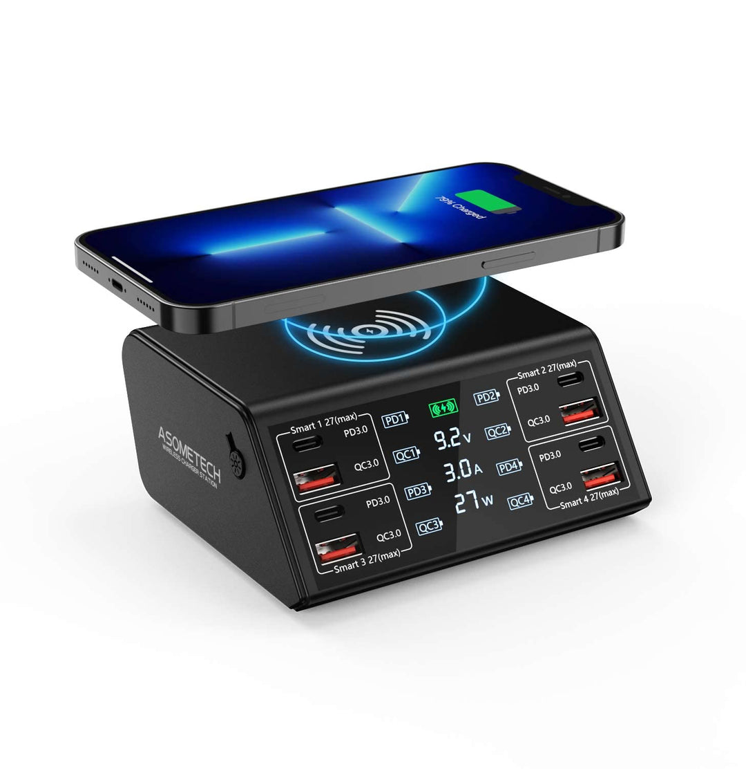 USBLadegerät, ASOMETECH 100 W 8 Port Mehrere USBLadestation mit 4 Schnellladung 3.0, 4 USB C PD Port