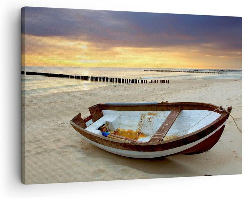 Bilder auf Leinwand Strand Boot Ostsee Sommer Leinwandbild 70x50cm Wandbilder Dekoration Wohnzimmer