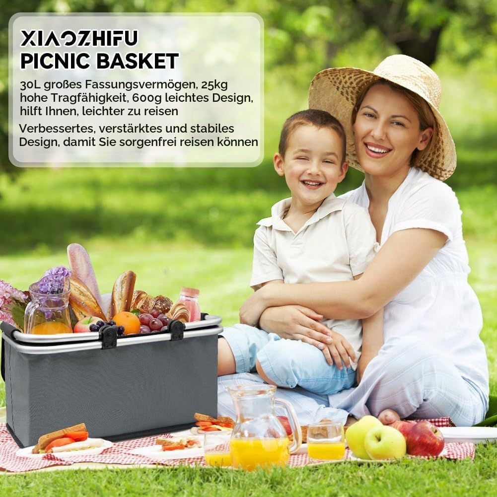Einkaufskorb 30L, grosse Kühltaшаche, thermokorb mit Alurahmen, isoliert mit Deckel für Reisen, Pick