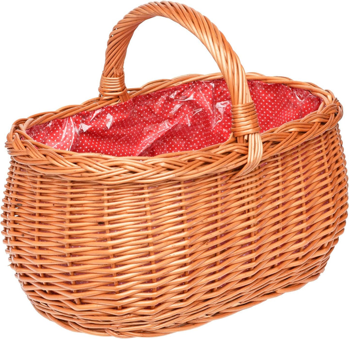 Kleiner Einkaufskorb/Autokorb aus Weide mit Henkel und Stoffeinlege Rot mit Punkten und Schutzfolie