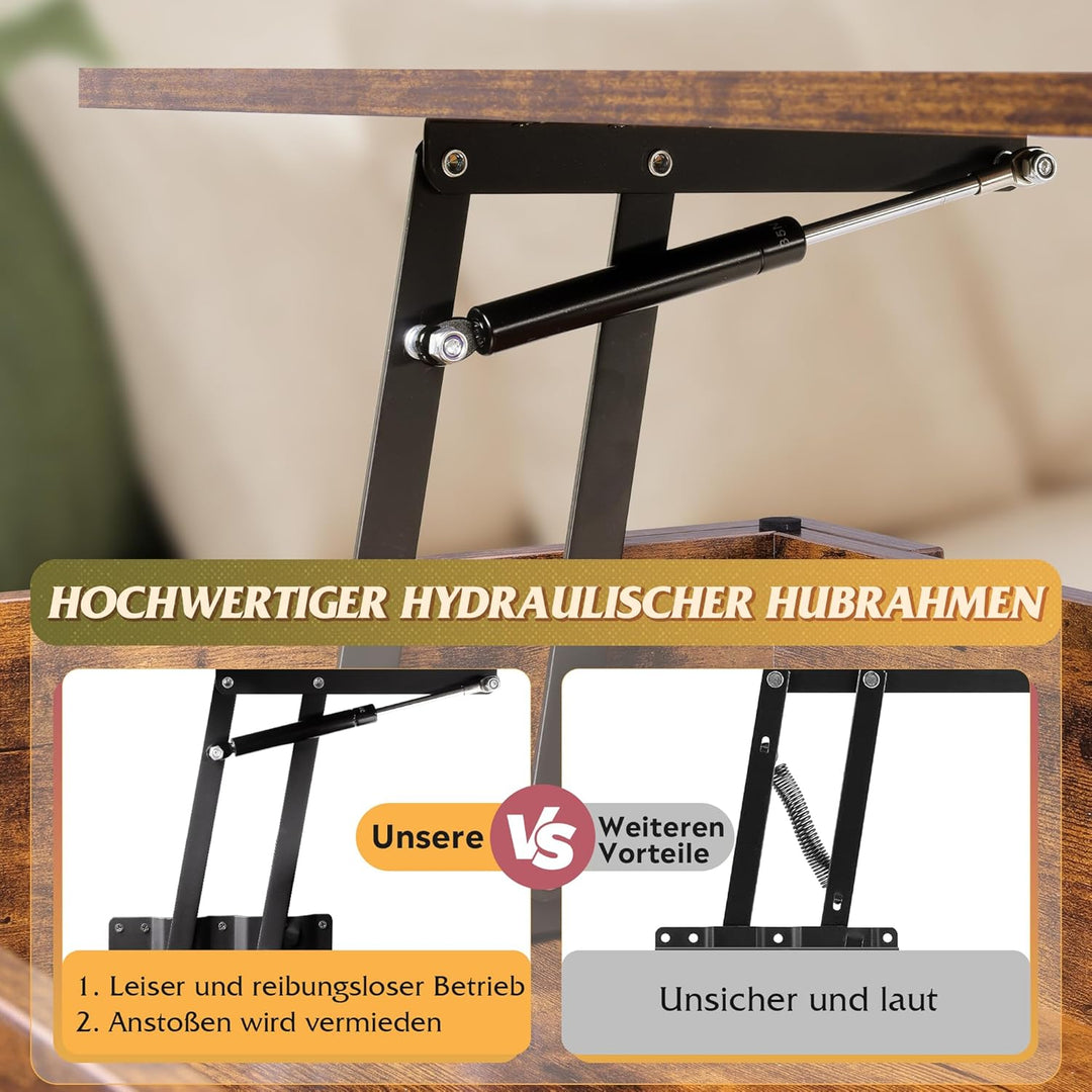 WLIVE Höhenverstellbarer Couchtisch mit Ablage, Wohnzimmertisch Rechteckig mit Offener und versteckt