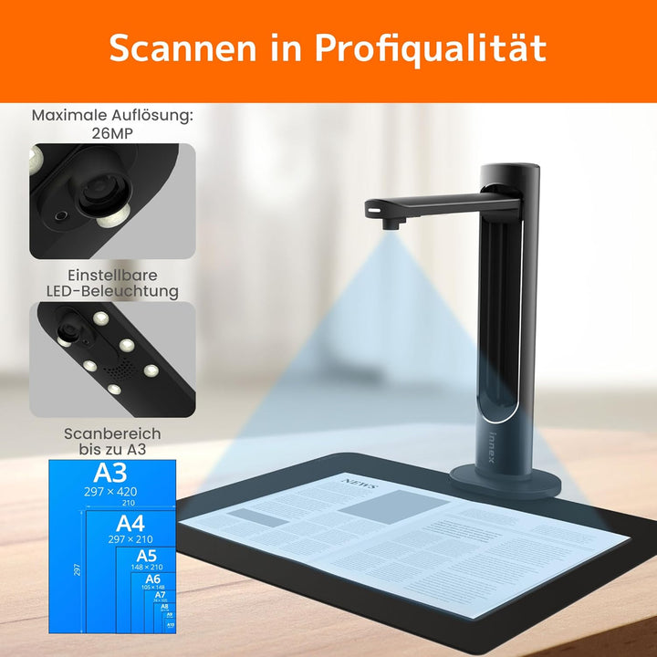 Innex DS200 USB Buchscanner, 20,1MP, A3-Dokumentenscan, OCR 120+ Sprachen, Auto-Glättung & Begradigu
