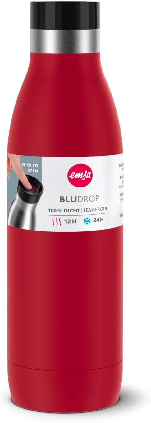 Emsa Bludrop Isolier-Trinkflasche, wiederverwendbar, Edelstahl, nachhaltig, Pulverbeschichtung, 360°
