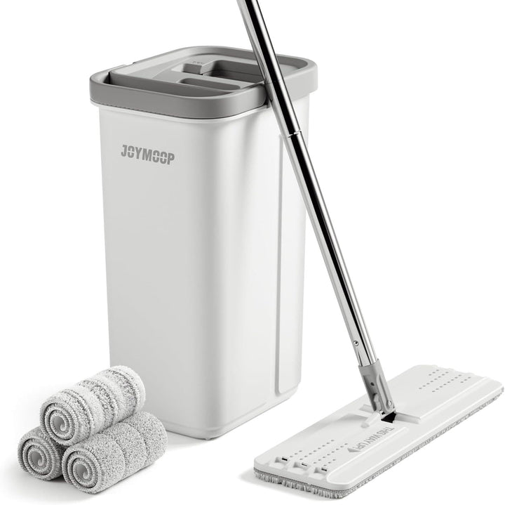JOYMOOP Wischmopp und Eimer mit Auswringer-Set, freihändiger flacher Bodenwischer und Eimer, mit 3 w