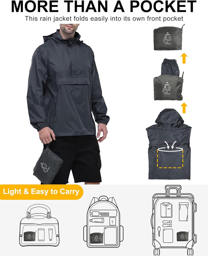Outdoor Ventures Herren Regenjacke Wasserdichter Pullover mit Kapuze Packbare Reflektierende Jacke L