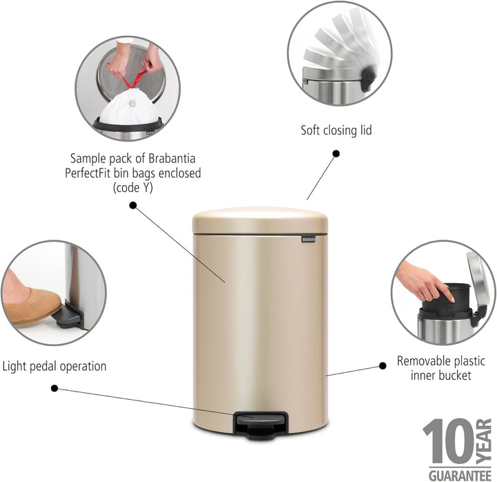 Brabantia Treteimer, Metallic Gold, 20L 20 Liter Champagne, 20 Liter Champagne
