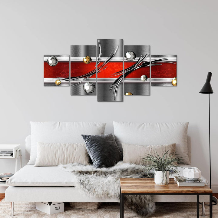 Runa Art Wandbilder Abstrakt 5 Teilig Bild auf Vlies Leinwand Deko Wohnzimmer Schlafzimmer Grau Rot