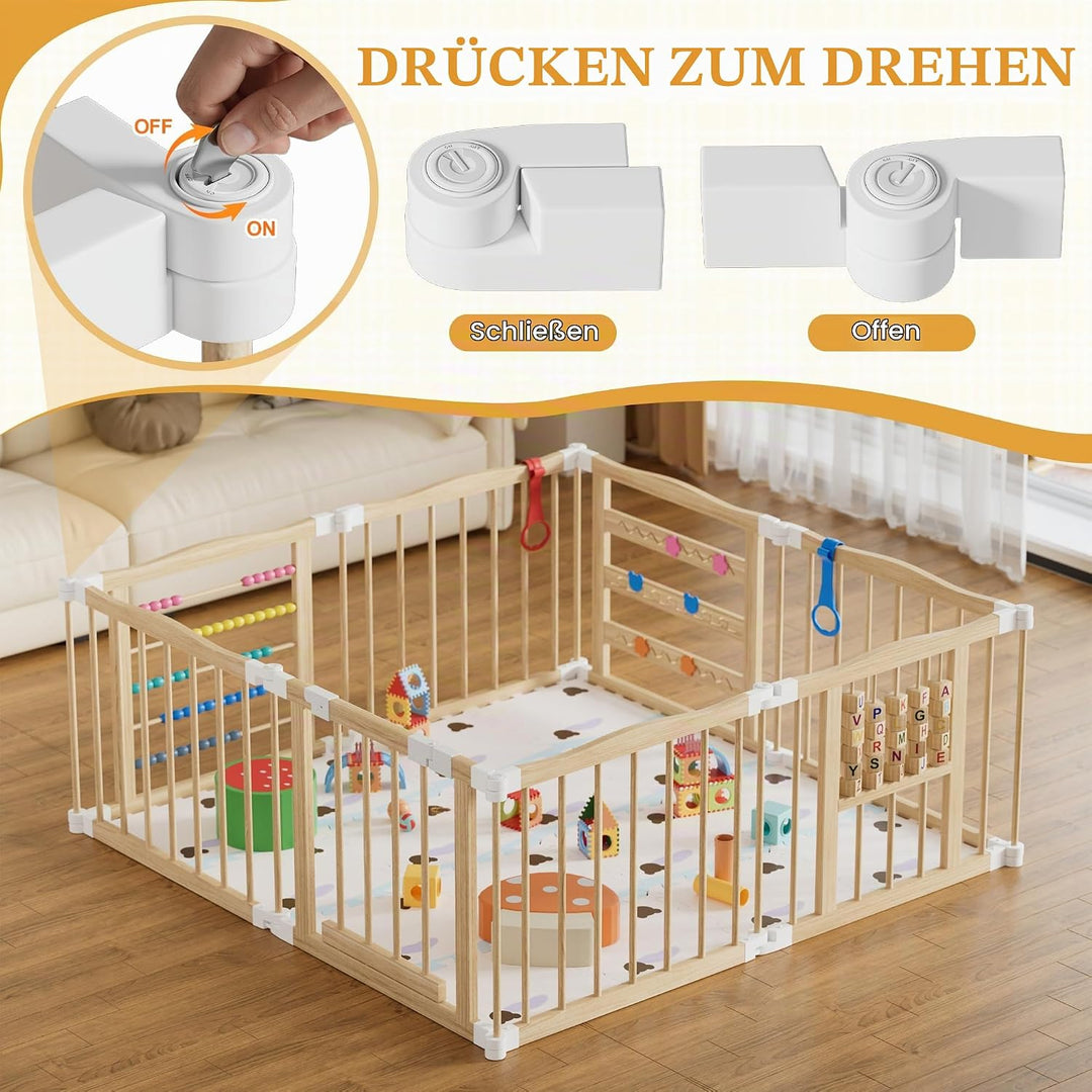 MSFE Laufstall Baby Faltbar Holz,8 Paneele Wooden Baby Playpen Verstellbare Multi-Shape &amp; Grösse mit