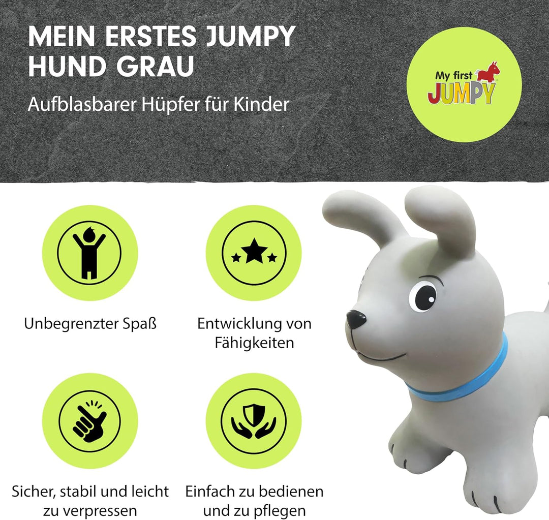 GERARDO'S Toys Gerardos My First Jumpy Hüpfspielzeug Grau Hund für drinnen und draussen, Hüpftier Ki
