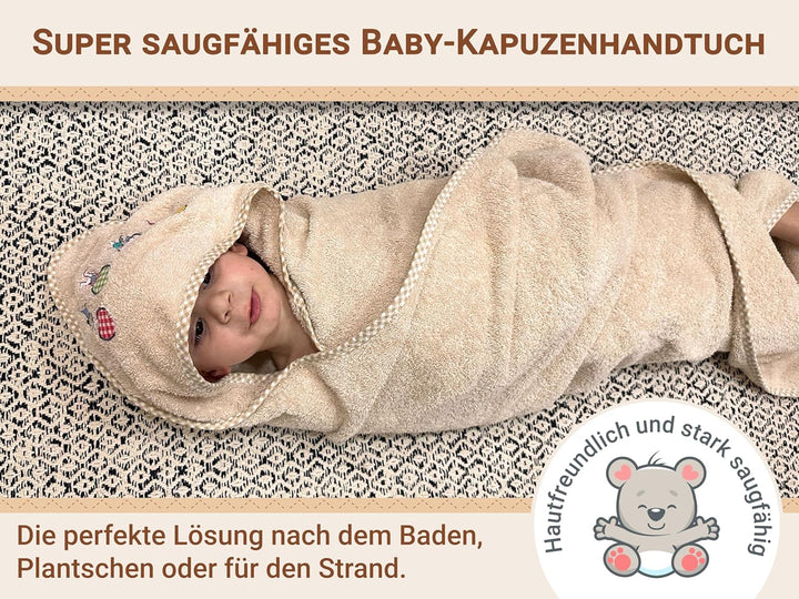 ZOLLNER Baby Kapuzenbadetuch, Kapuzenhandtuch, 100x100 cm, Baumwolle, beige, Beige