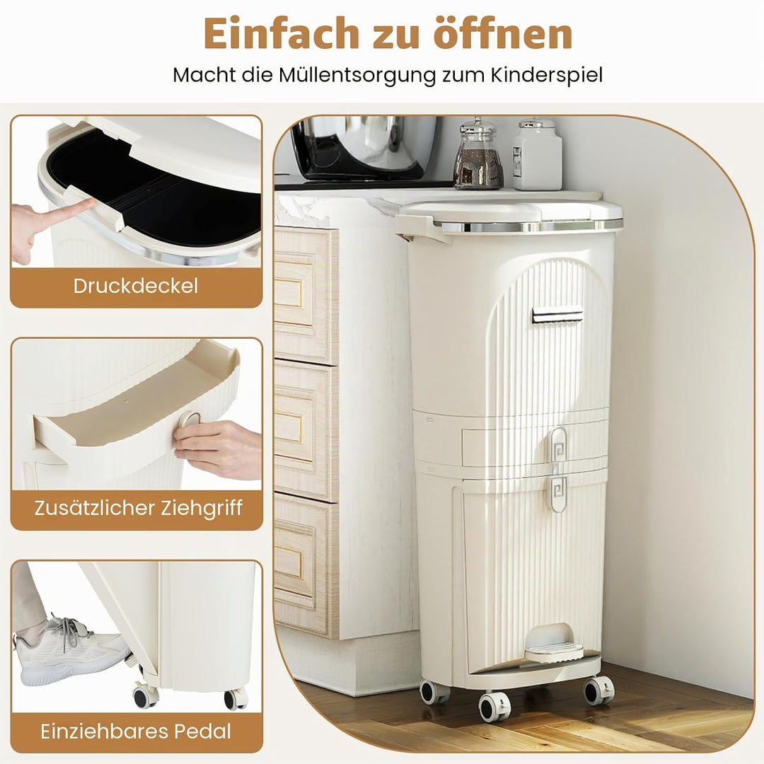 GIANTEX Mülleimer Küche 3 Fächer, 42 L, Abfalleimer mit Rollen, Tretmülleimer mit Schublade, Abfalle