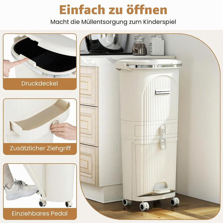 GIANTEX Mülleimer Küche 3 Fächer, 42 L, Abfalleimer mit Rollen, Tretmülleimer mit Schublade, Abfalle