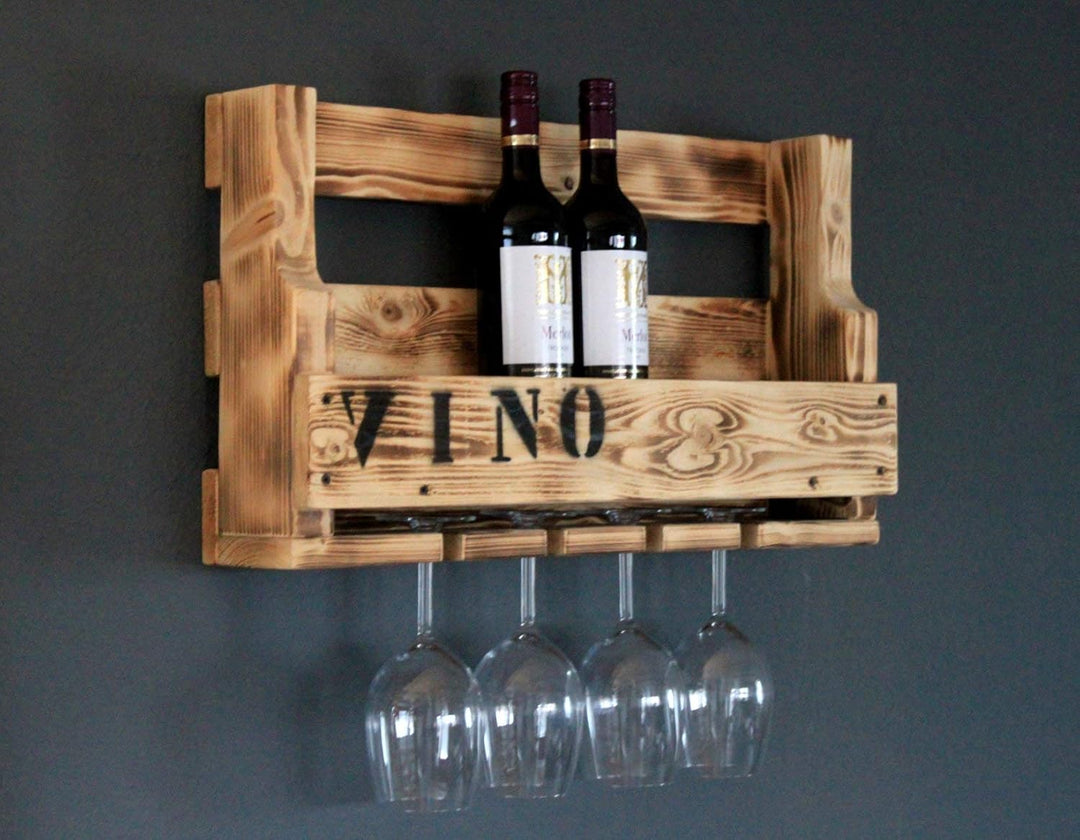 Dekorie Weinregal aus Holz für die Wand - mit Gläserhalter und VINO Schriftzug - Geflammt - fertig m