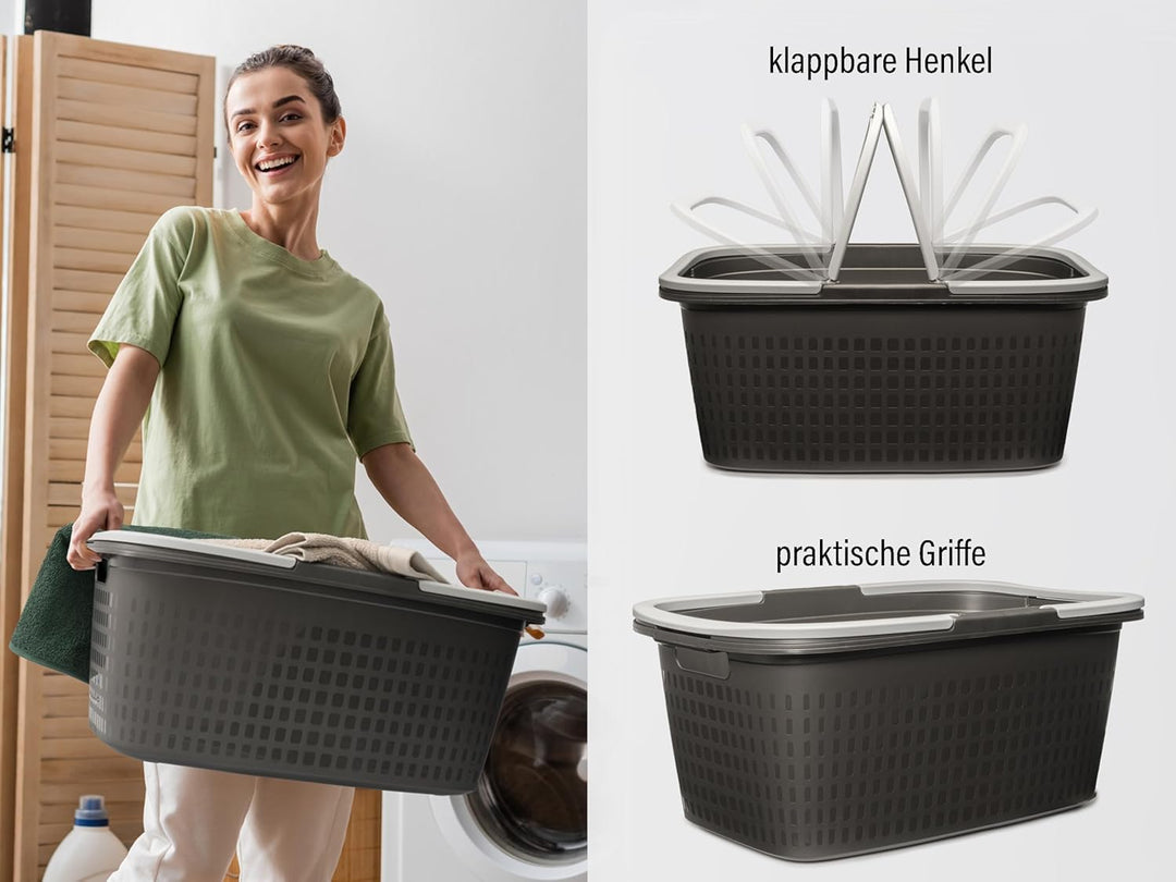 Hausfelder Wäschekorb stapelbar 35L – 4er Set Wäschewanne schwarz mit Henkel aus Kunststoff, 58x37x2