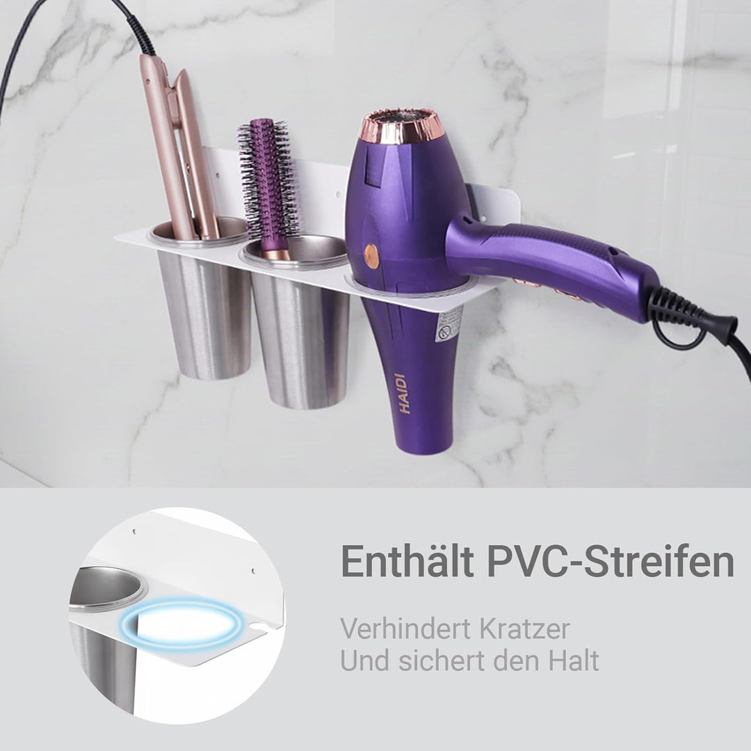 Fön Halterung, Haartool-Wandhalter mit 2 Edelstahl-Bechern, Fönhalter Ohne Bohren Aufbewahrung für H