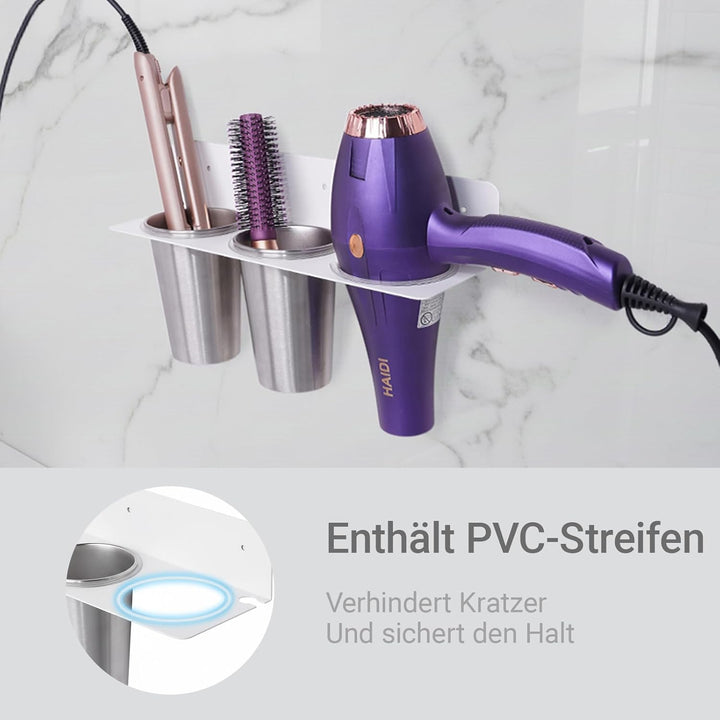 Fön Halterung, Haartool-Wandhalter mit 2 Edelstahl-Bechern, Fönhalter Ohne Bohren Aufbewahrung für H
