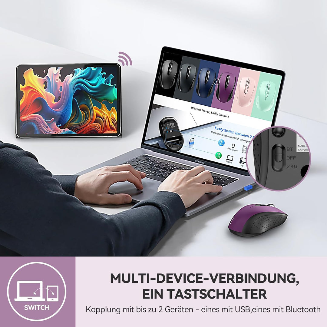TECKNET Bluetooth Maus, 4000 DPI Maus Kabellos (Tri-Mode: BT 5.0/3.0+2.4GHz) Funkmaus mit USB-Empfän
